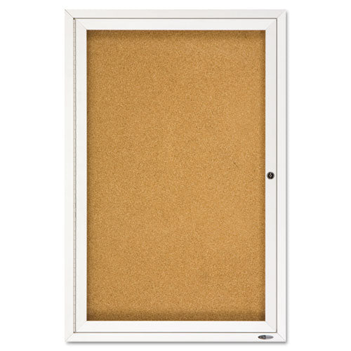 Image of Quartet® Enclosed Indoor Cork Bulletin Board with One Hinged Door, 24" x 36", Tan Surface, Satin Aluminum Frame