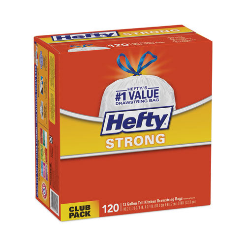 Image of Hefty® Strong Tall Kitchen Drawstring Bags, 13 gal, 23.75" x 27", White, 90 Bags/Box, 3 Boxes/Carton
