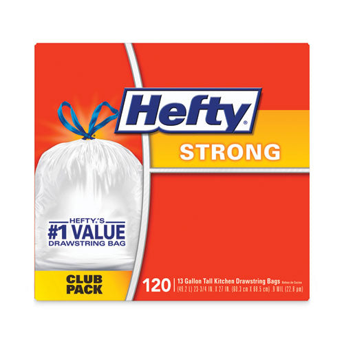 Image of Hefty® Strong Tall Kitchen Drawstring Bags, 13 gal, 23.75" x 27", White, 90 Bags/Box, 3 Boxes/Carton