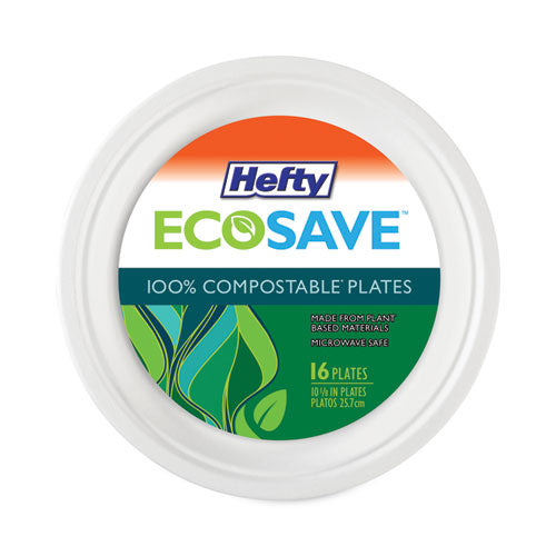 Image of Hefty® ECOSAVE Tableware, Plate, Sugarcane, 10.13" dia, White, 16/Pack, 12 Packs/Carton