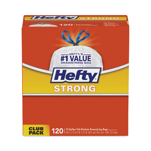 Image of Hefty® Strong Tall Kitchen Drawstring Bags, 13 gal, 23.75" x 27", White, 90 Bags/Box, 3 Boxes/Carton