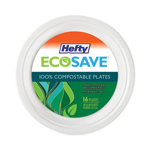 Image of Hefty® ECOSAVE Tableware, Plate, Sugarcane, 10.13" dia, White, 16/Pack, 12 Packs/Carton