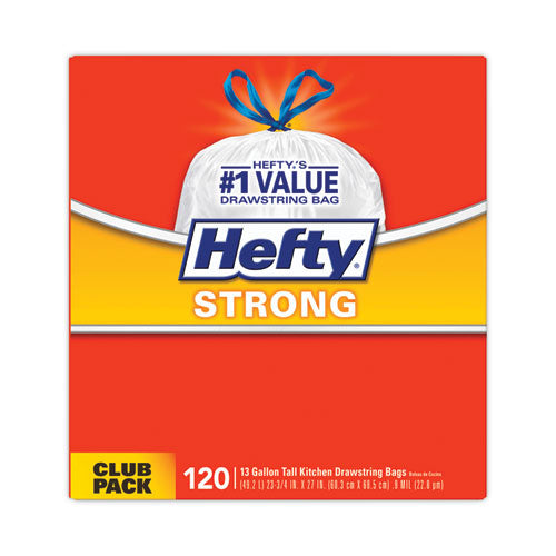 Image of Hefty® Strong Tall Kitchen Drawstring Bags, 13 gal, 23.75" x 27", White, 120 Bags/Box, 3 Boxes/Carton