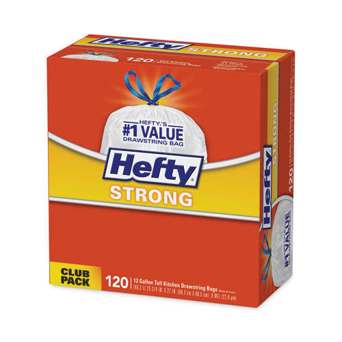 Image of Hefty® Strong Tall Kitchen Drawstring Bags, 13 gal, 23.75" x 27", White, 90 Bags/Box, 3 Boxes/Carton