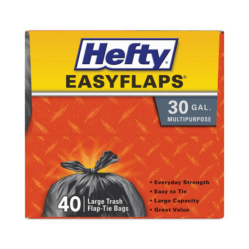 Image of Hefty® Easy Flaps Trash Bags, Tie-Flap, 30 gal, 0.85 mil, 30" x 33", Black, 40 Bags/Box, 6 Boxes/Carton