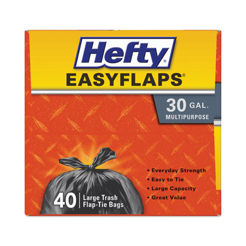 Image of Hefty® Easy Flaps Trash Bags, Tie-Flap, 30 gal, 0.85 mil, 30" x 33", Black, 40 Bags/Box, 6 Boxes/Carton