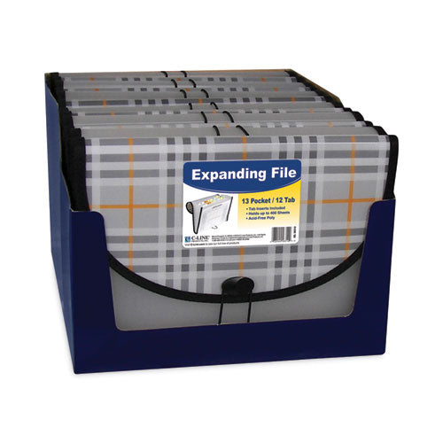 Image of C-Line® Plaid Design Expanding Files, 1.5" Expansion, 13 Sections, Cord/Hook Closure, 1/6-Cut Tabs, Letter Size, Gray Plaid