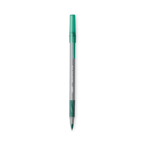 Image of BIC® Round Stic Grip Xtra Comfort Ballpoint Pen, Easy-Glide System, Stick, Medium 1.2 mm, Green Ink, Gray/Green Barrel, Dozen