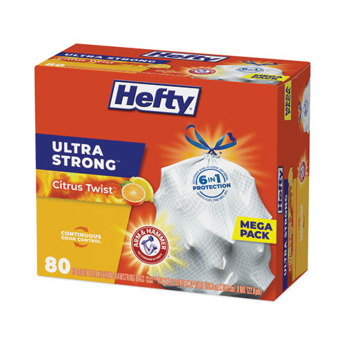 Image of Hefty® Ultra Strong Scented Tall Kitchen Bags, Drawstring, 13 gal, Citrus Twist, 23.75" x 24.88", White, 80 Bags/Box, 3 Boxes/Carton