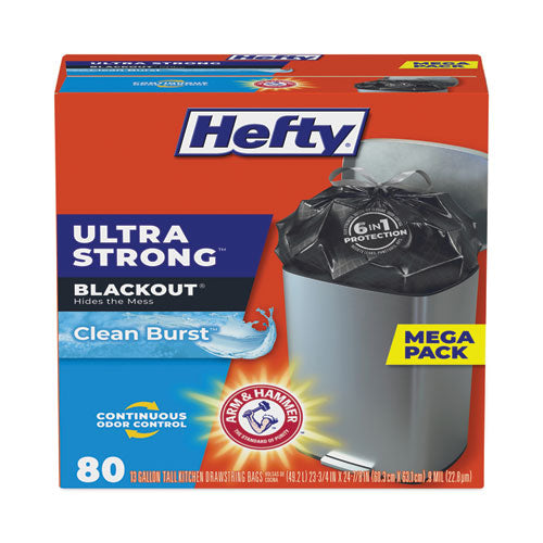 Image of Hefty® Ultra Strong BlackOut Tall-Kitchen Drawstring Bags, 13 gal, Citrus Twist Scent, 23.75" x 24.88", Black, 80/Box