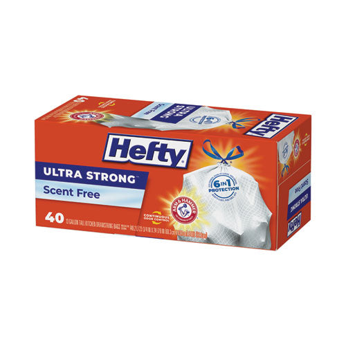 Image of Hefty® Extra Heavy-Duty Ultra Strong Tall Kitchen Trash Bags, Drawstring, 13 gal, 23.75" x 24.88", White, 40 Bags/Box, 6 Boxes/CT