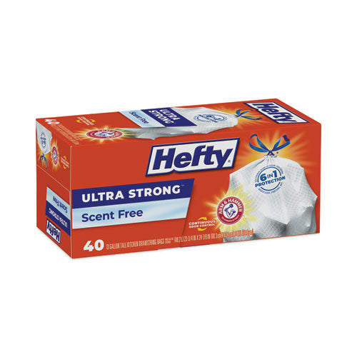 Image of Hefty® Extra Heavy-Duty Ultra Strong Tall Kitchen Trash Bags, Drawstring, 13 gal, 23.75" x 24.88", White, 40 Bags/Box, 6 Boxes/CT