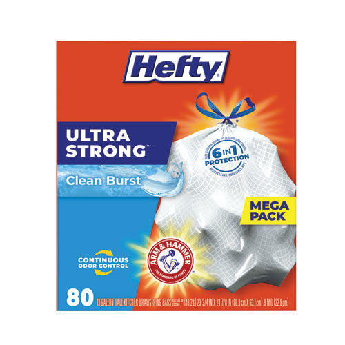 Image of Hefty® Ultra Strong Scented Tall Kitchen Bags, Drawstring, 13 gal, Clean Burst, 24.75" x 24.88", White, 80 Bags/Box, 3 Boxes/Carton