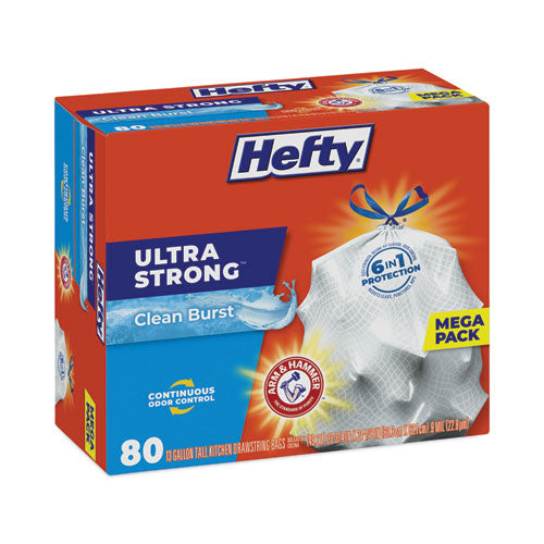 Image of Hefty® Ultra Strong Scented Tall Kitchen Bags, Drawstring, 13 gal, Clean Burst, 24.75" x 24.88", White, 80 Bags/Box, 3 Boxes/Carton