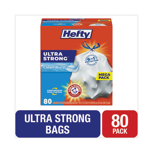 Image of Hefty® Extra Heavy-Duty Ultra Strong Scented Tall Kitchen Bags, Drawstring, 13 gal, Clean Burst, 23.75" x 24.88", White, 80/Box