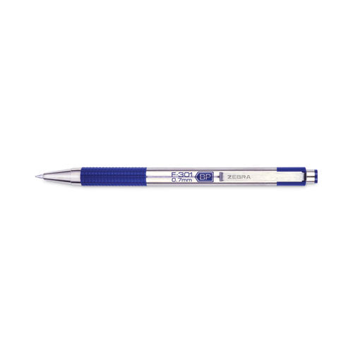 Image of Zebra® F-301 Ballpoint Pen, Retractable, Fine 0.7 Mm, Blue Ink, Stainless Steel/blue Barrel