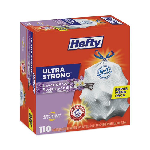 Image of Hefty® Extra Heavy-Duty Ultra Strong Scented Tall Kitchen Bags, Drawstring, 13 gal, Lavender/Vanilla, 23.75 x 24.88, White, 110/Box