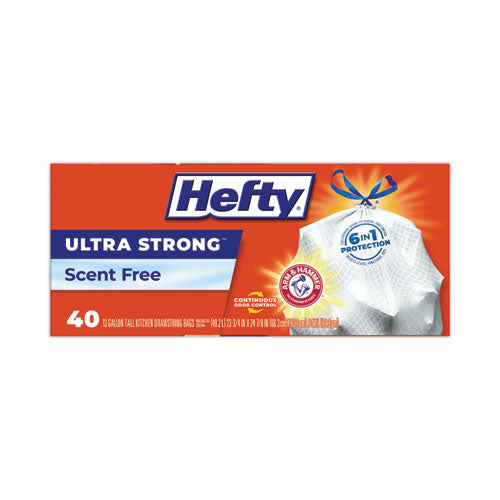 Image of Hefty® Extra Heavy-Duty Ultra Strong Tall Kitchen Trash Bags, Drawstring, 13 gal, 23.75" x 24.88", White, 40 Bags/Box, 6 Boxes/CT
