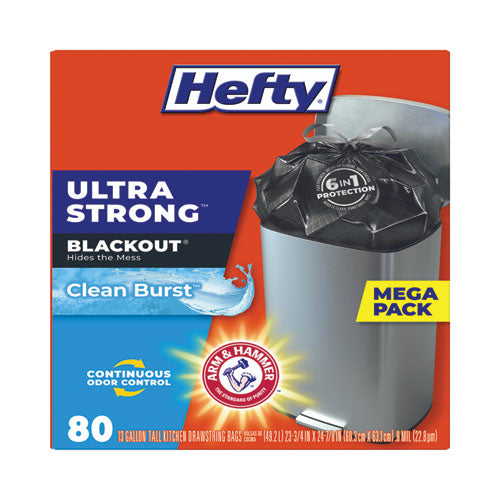 Image of Hefty® Ultra Strong BlackOut Tall-Kitchen Drawstring Bags, 13 gal, 23.75" x 24.88", Black, 80 Bags/Box, 3 Boxes/Carton