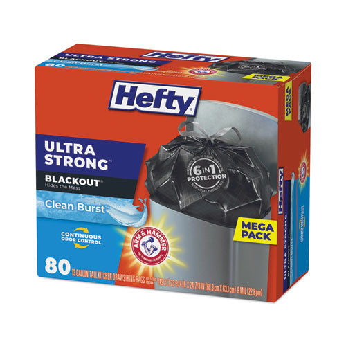 Image of Hefty® Ultra Strong BlackOut Tall-Kitchen Drawstring Bags, 13 gal, 23.75" x 24.88", Black, 80 Bags/Box, 3 Boxes/Carton