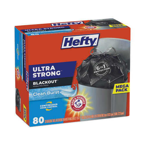 Image of Hefty® Ultra Strong BlackOut Tall-Kitchen Drawstring Bags, 13 gal, 23.75" x 24.88", Black, 80 Bags/Box, 3 Boxes/Carton