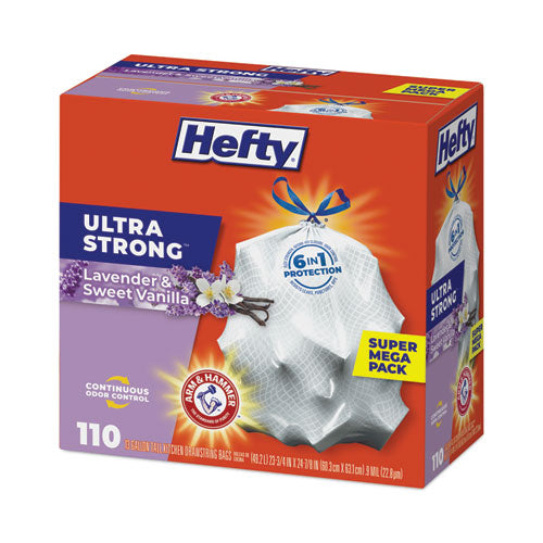 Image of Hefty® Ultra Strong Scented Tall Kitchen Bags, Drawstring, 13 gal, Lavender/Vanilla, 23.75" x 24.88", White, 110/Box, 3 Boxes/Carton