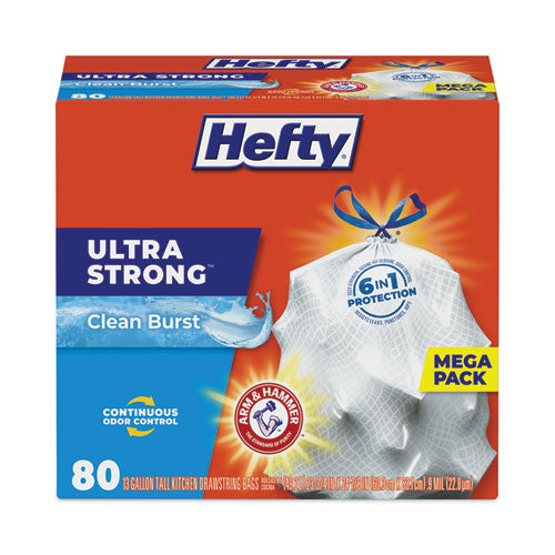 Image of Hefty® Ultra Strong Scented Tall Kitchen Bags, Drawstring, 13 gal, Clean Burst, 24.75" x 24.88", White, 80 Bags/Box, 3 Boxes/Carton