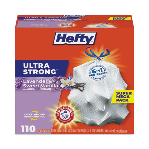Image of Hefty® Ultra Strong Scented Tall Kitchen Bags, Drawstring, 13 gal, Lavender/Vanilla, 23.75" x 24.88", White, 110/Box, 3 Boxes/Carton