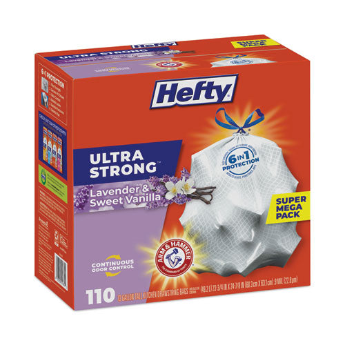 Image of Hefty® Ultra Strong Scented Tall Kitchen Bags, Drawstring, 13 gal, Lavender/Vanilla, 23.75" x 24.88", White, 110/Box, 3 Boxes/Carton