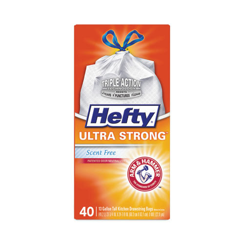 Image of Hefty® Extra Heavy-Duty Ultra Strong Tall Kitchen Trash Bags, Drawstring, 13 gal, 23.75" x 24.88", White, 40/Box
