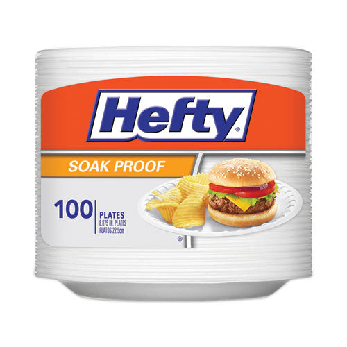Image of Hefty® Soak Proof Tableware, Plate, Foam, 8.88" dia, White, 100/Pack, 6 Packs/Carton