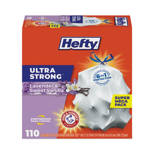 Image of Hefty® Extra Heavy-Duty Ultra Strong Scented Tall Kitchen Bags, Drawstring, 13 gal, Lavender/Vanilla, 23.75 x 24.88, White, 110/Box