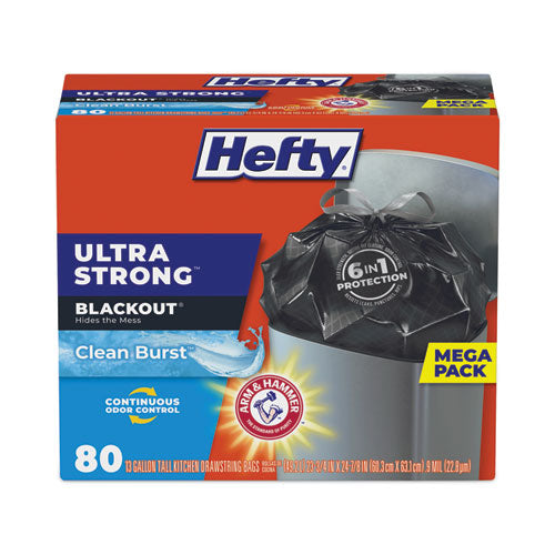 Image of Hefty® Ultra Strong BlackOut Tall-Kitchen Drawstring Bags, 13 gal, 23.75" x 24.88", Black, 80 Bags/Box, 3 Boxes/Carton
