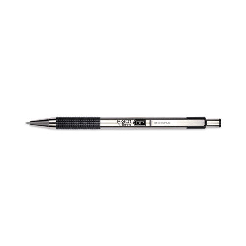 Image of Zebra® F-301 Ballpoint Pen, Retractable, Bold 1.6 mm, Black Ink, Stainless Steel/Black Barrel, 12/Pack