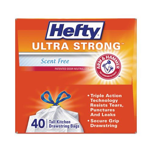 Image of Hefty® Extra Heavy-Duty Ultra Strong Tall Kitchen Trash Bags, Drawstring, 13 gal, 23.75" x 24.88", White, 40 Bags/Box, 6 Boxes/CT