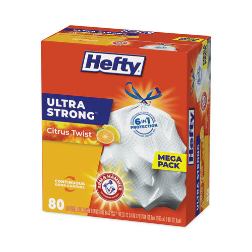 Image of Hefty® Extra Heavy-Duty Ultra Strong Scented Tall Kitchen Bags, Drawstring, 13 gal, Citrus Twist, 23.75" x 24.88", White, 80/Box