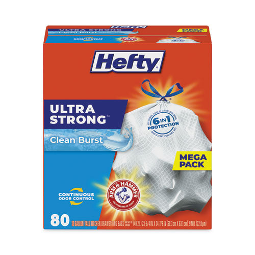 Image of Hefty® Extra Heavy-Duty Ultra Strong Scented Tall Kitchen Bags, Drawstring, 13 gal, Clean Burst, 23.75" x 24.88", White, 80/Box