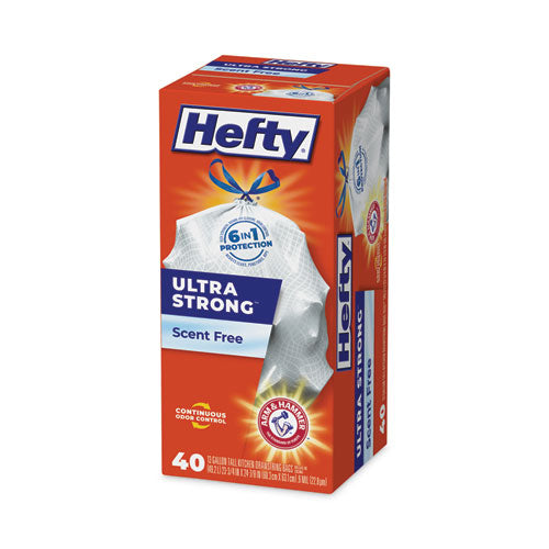 Image of Hefty® Extra Heavy-Duty Ultra Strong Tall Kitchen Trash Bags, Drawstring, 13 gal, 23.75" x 24.88", White, 40/Box