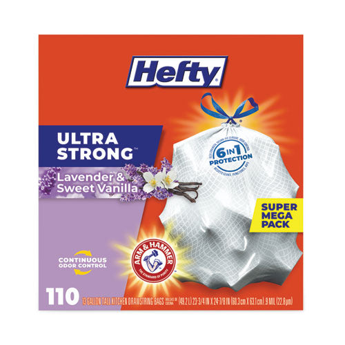 Image of Hefty® Ultra Strong Scented Tall Kitchen Bags, Drawstring, 13 gal, Lavender/Vanilla, 23.75" x 24.88", White, 110/Box, 3 Boxes/Carton