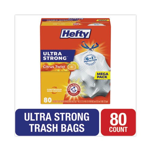 Image of Hefty® Extra Heavy-Duty Ultra Strong Scented Tall Kitchen Bags, Drawstring, 13 gal, Citrus Twist, 23.75" x 24.88", White, 80/Box