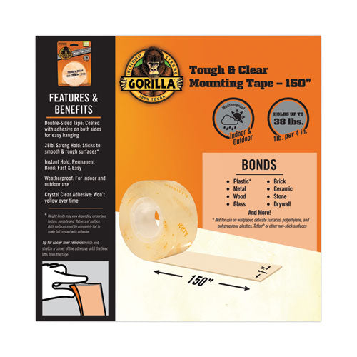 Image of Gorilla® Tough and Clear Double-Sided Mounting Tape, Permanent, Holds Up to 0.25 lb per Inch, 1" x 12.5 ft, Clear