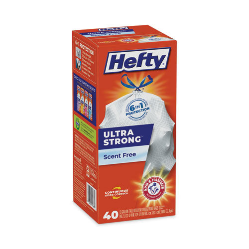 Image of Hefty® Extra Heavy-Duty Ultra Strong Tall Kitchen Trash Bags, Drawstring, 13 gal, 23.75" x 24.88", White, 40/Box