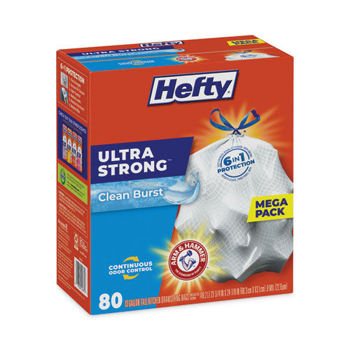 Image of Hefty® Extra Heavy-Duty Ultra Strong Scented Tall Kitchen Bags, Drawstring, 13 gal, Clean Burst, 23.75" x 24.88", White, 80/Box