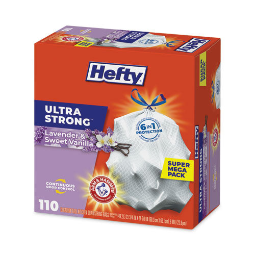 Image of Hefty® Extra Heavy-Duty Ultra Strong Scented Tall Kitchen Bags, Drawstring, 13 gal, Lavender/Vanilla, 23.75 x 24.88, White, 110/Box