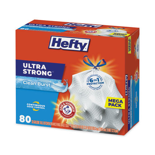 Image of Hefty® Ultra Strong Scented Tall Kitchen Bags, Drawstring, 13 gal, Clean Burst, 24.75" x 24.88", White, 80 Bags/Box, 3 Boxes/Carton
