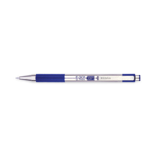 Image of Zebra® F-301 Ballpoint Pen, Retractable, Fine 0.7 Mm, Blue Ink, Stainless Steel/blue Barrel, 2/pack