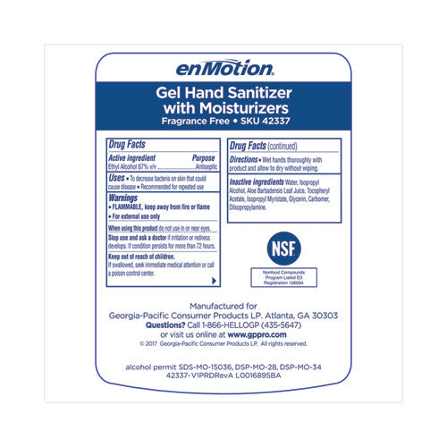Image of Georgia Pacific® Professional Enmotion Gen2 E3-Rated Gel Sanitizer Dispenser Refill, 1,000 Ml Bottle, Fragrance-Free, 2/carton