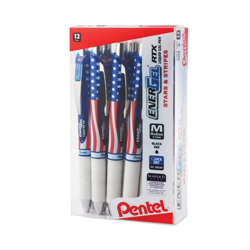 Image of Pentel® Energel Rtx Stars And Stripes Gel Pen, Retractable, Medium 0.7 Mm, Black Ink, Red/white/blue Barrel, Dozen