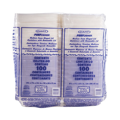 Image of Dart® Foam Hinged Lid Containers, 8.38 x 7.78 x 3.25, White, 200/Carton
