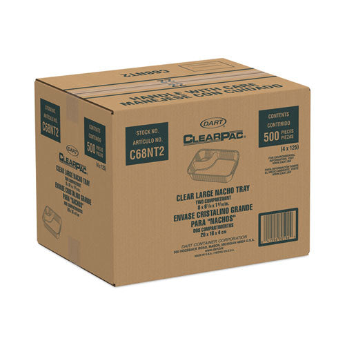 Image of Dart® ClearPac Large Nacho Tray, 2 Compartments, 3.3 oz, 6.2 x 6.2 x 1.6, Clear, Plastic, 500/Carton